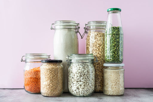 Dried foodstuffs stored in glass containers