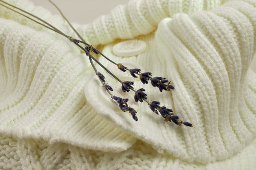 cream woolen sweater with lavender sprigs