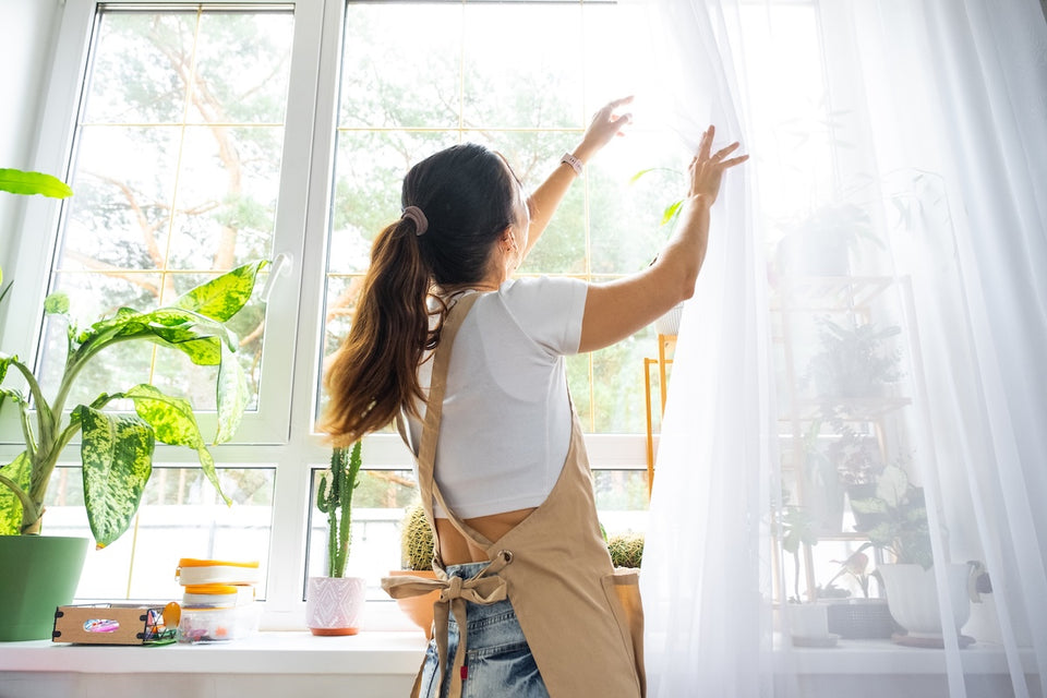 a woman spring cleaning and checking her drapes for the presence of moths