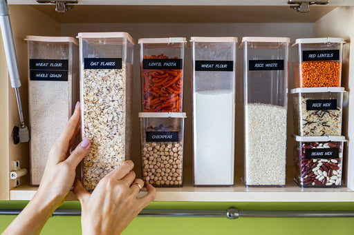 flour, seeds and grains safely stored in sealed containers