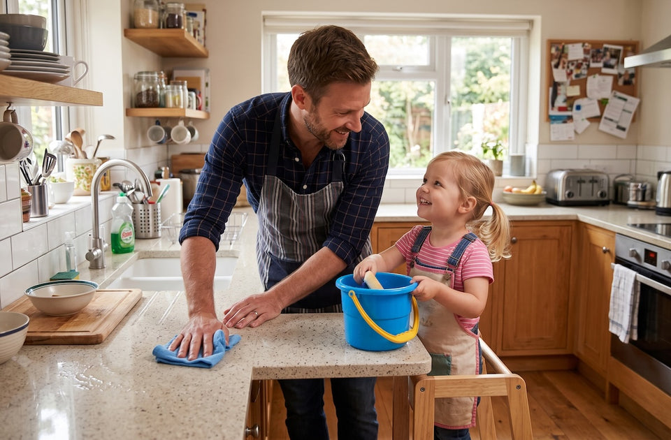 a man wiping down the kitchen surfaces while his little daughter helps holding the bucket