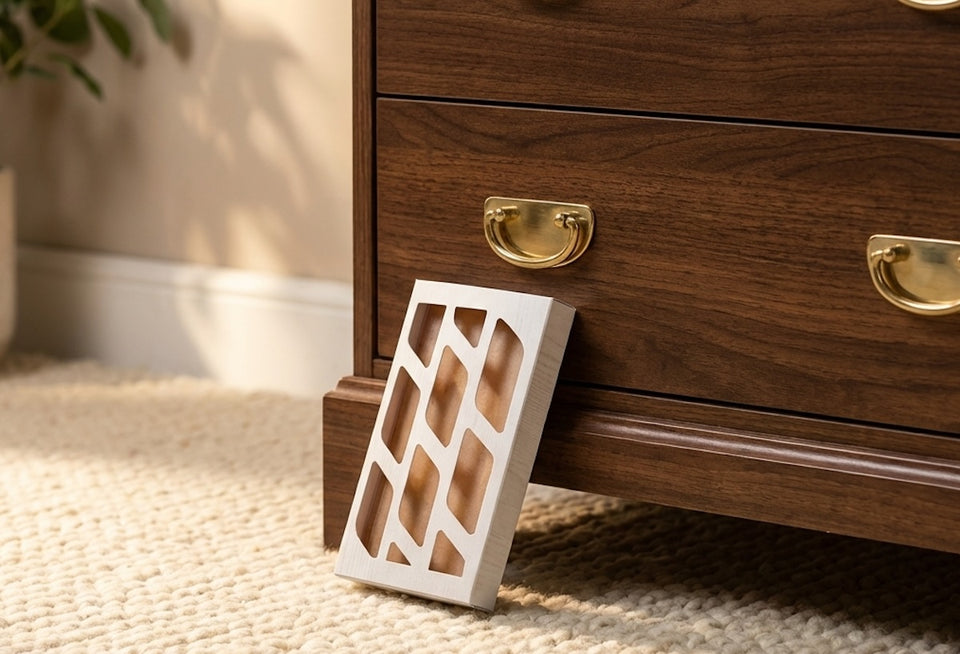 discreet Carpet Moth Trap placed on the floor near a skirting board to monitor for adult moth activity