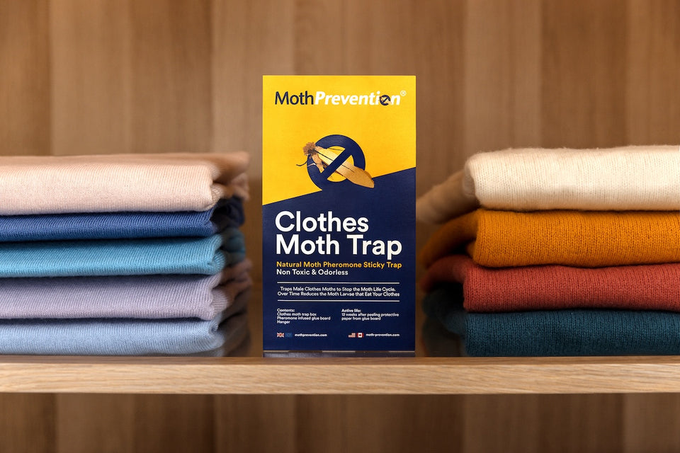 a MothPrevention Clothes Moth Trap sitting on a shelf between two piles of sweaters