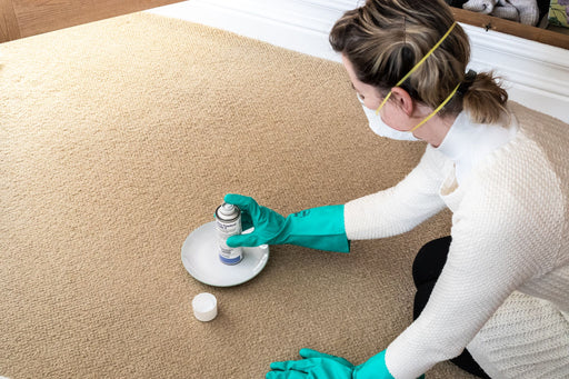 Moth Fogger being placed on the carpet by a woman wearing a mask and gloves